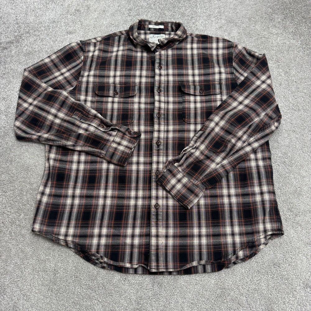 Lucky Brand Saturday Flannel Button Down Shirt Men XL Black Orange Plaid Stretch